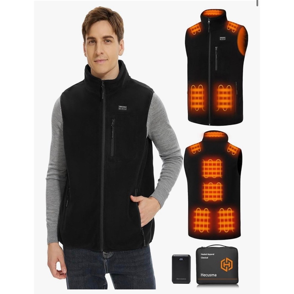 Hecusma Men's Heated Vest Black Fleece‎ 3 Zone Heating Power Bank Included